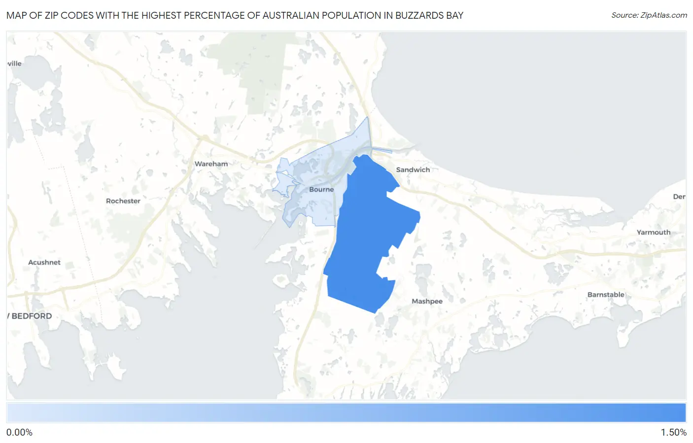 Zip Codes with the Highest Percentage of Australian Population in Buzzards Bay Map