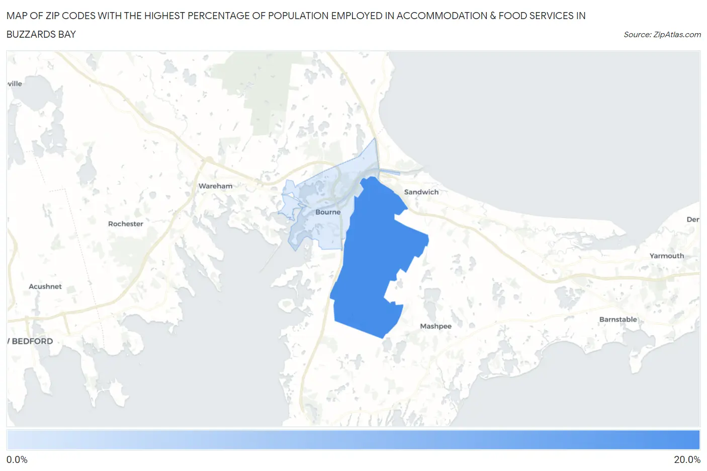 Zip Codes with the Highest Percentage of Population Employed in Accommodation & Food Services in Buzzards Bay Map