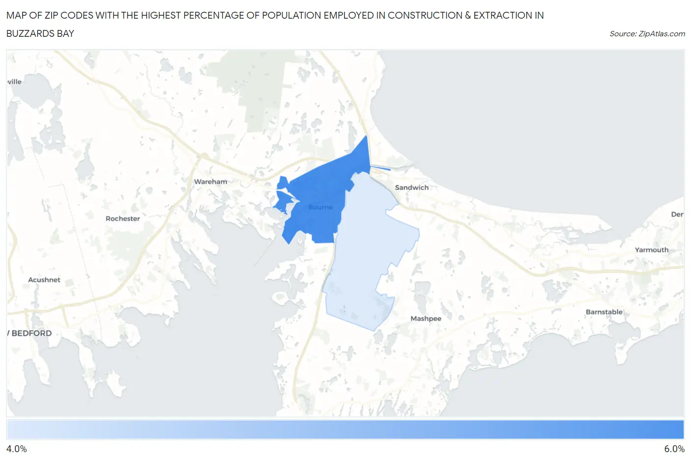 Zip Codes with the Highest Percentage of Population Employed in Construction & Extraction in Buzzards Bay Map