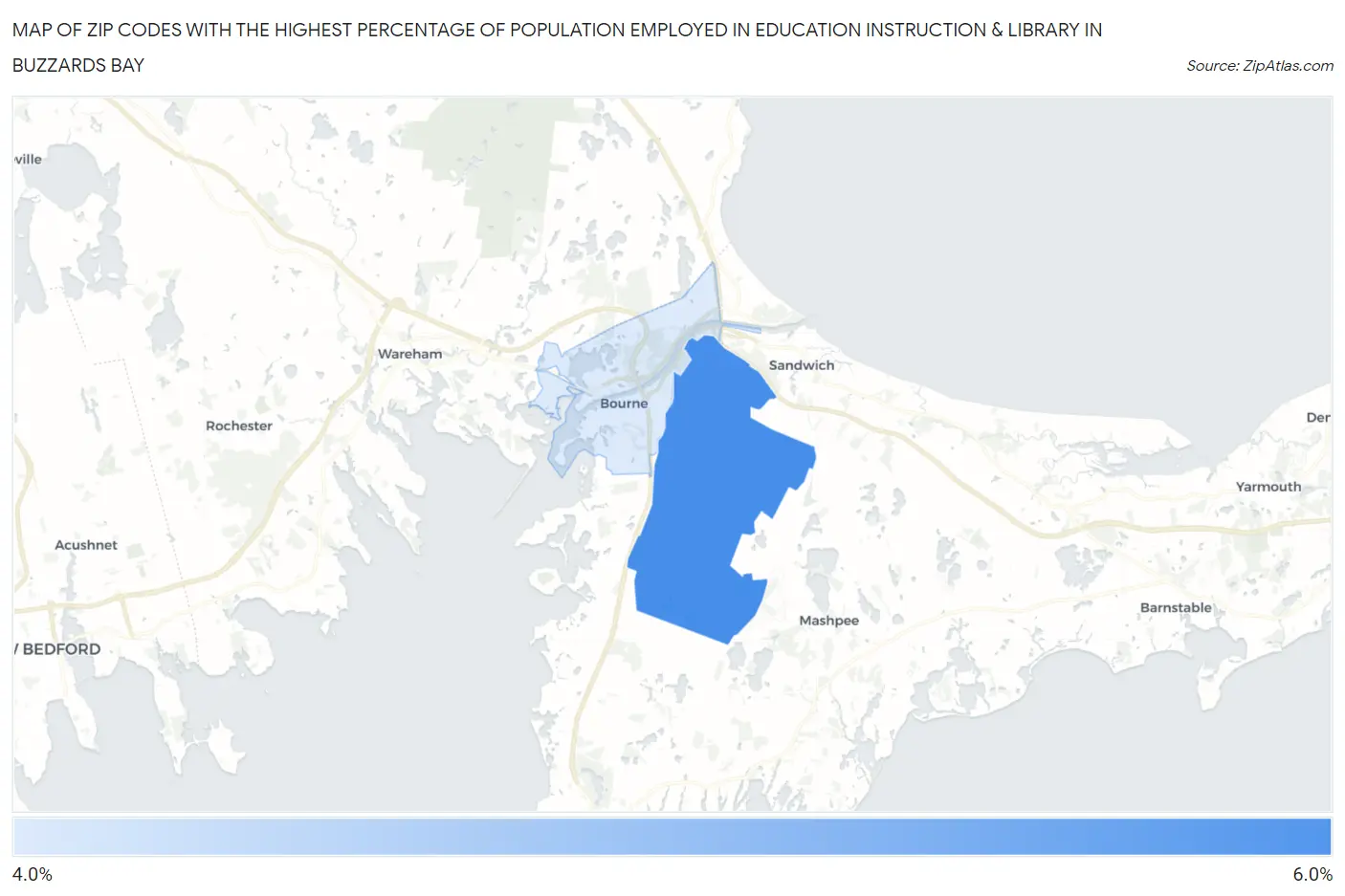 Zip Codes with the Highest Percentage of Population Employed in Education Instruction & Library in Buzzards Bay Map