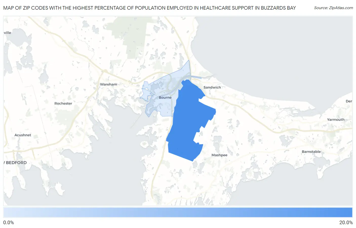 Zip Codes with the Highest Percentage of Population Employed in Healthcare Support in Buzzards Bay Map