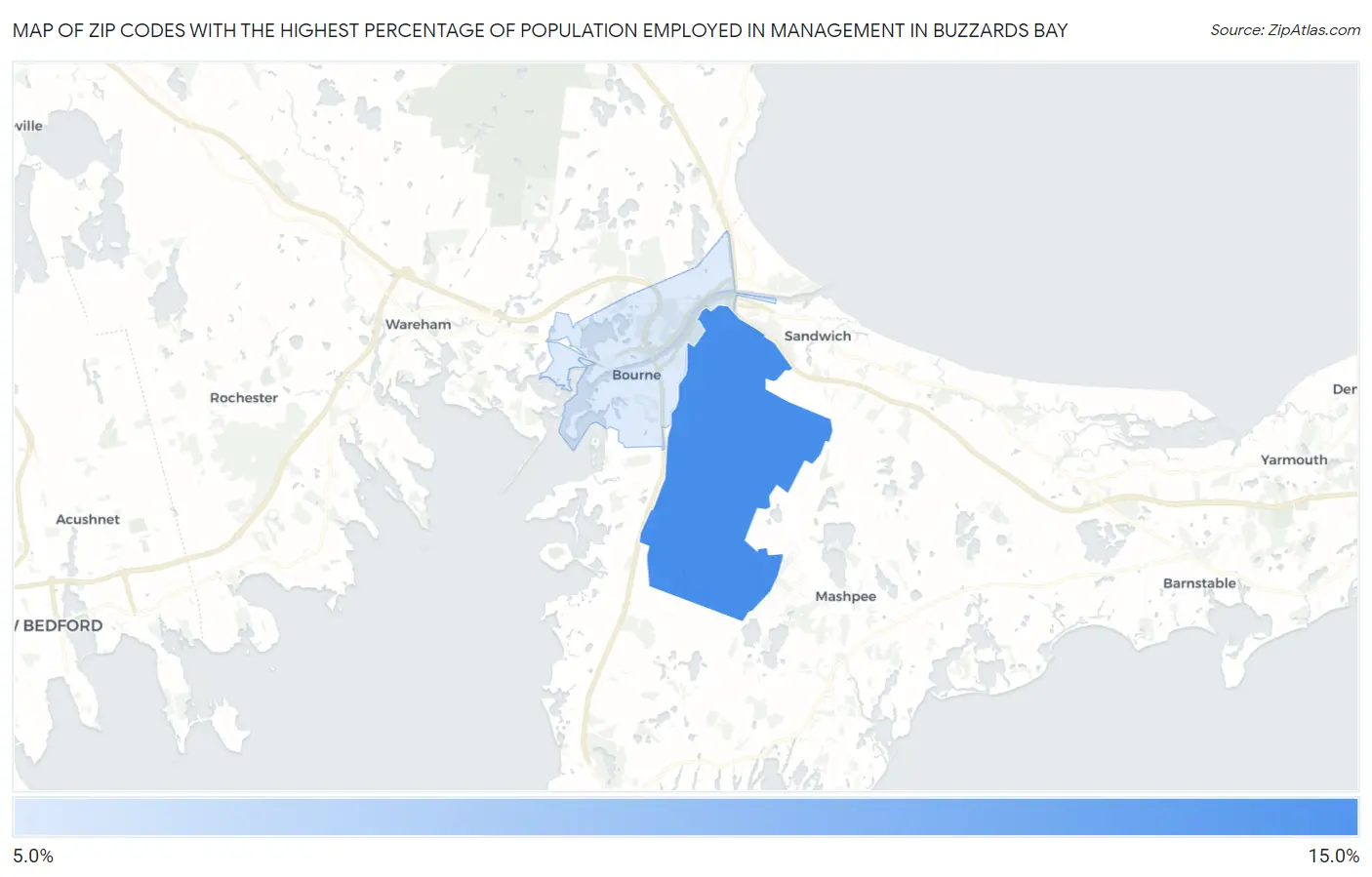 Zip Codes with the Highest Percentage of Population Employed in Management in Buzzards Bay Map