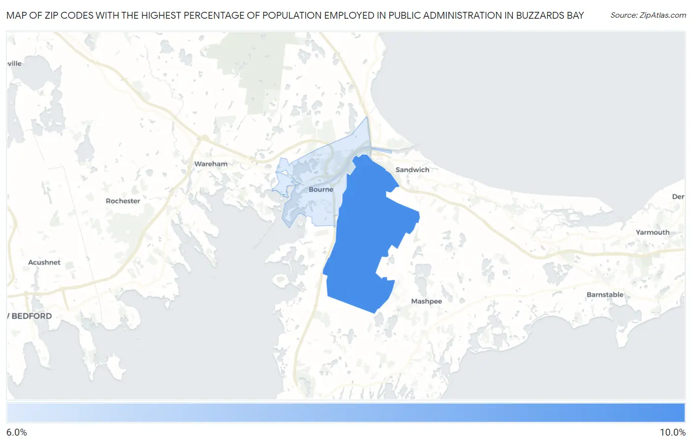 Zip Codes with the Highest Percentage of Population Employed in Public Administration in Buzzards Bay Map