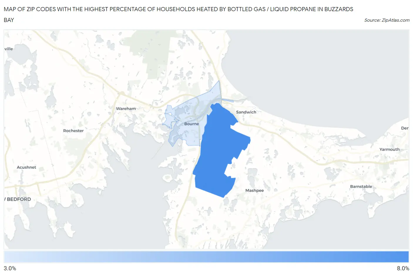 Zip Codes with the Highest Percentage of Households Heated by Bottled Gas / Liquid Propane in Buzzards Bay Map