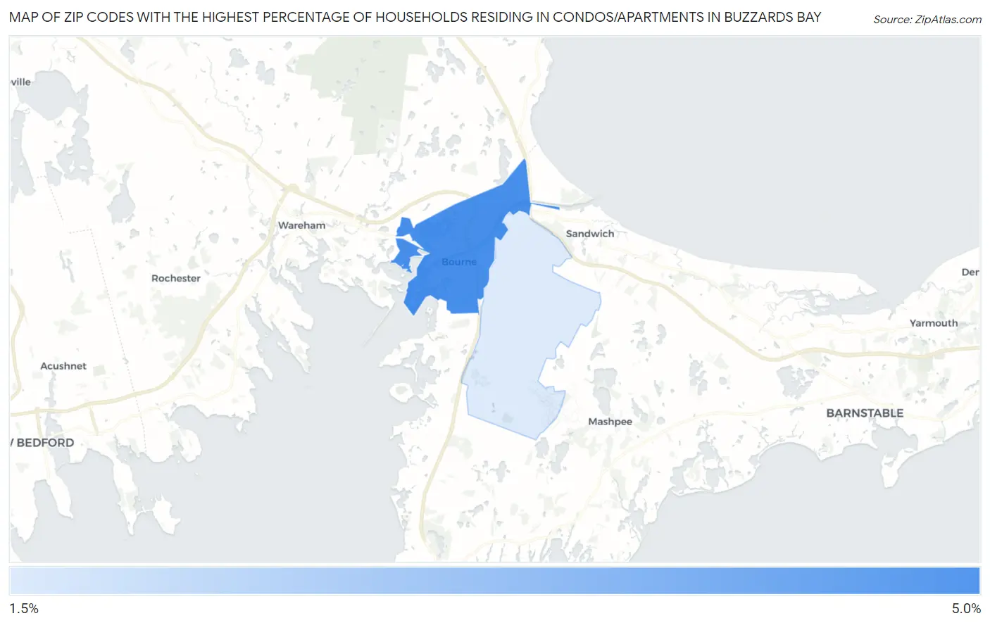 Zip Codes with the Highest Percentage of Households Residing in Condos/Apartments in Buzzards Bay Map
