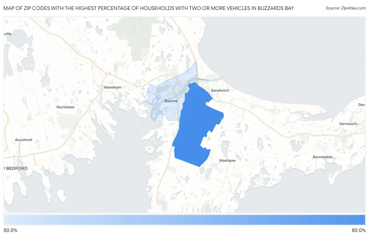 Zip Codes with the Highest Percentage of Households With Two or more Vehicles in Buzzards Bay Map