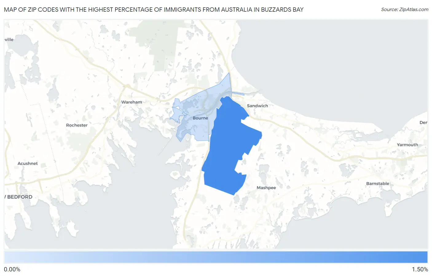 Zip Codes with the Highest Percentage of Immigrants from Australia in Buzzards Bay Map