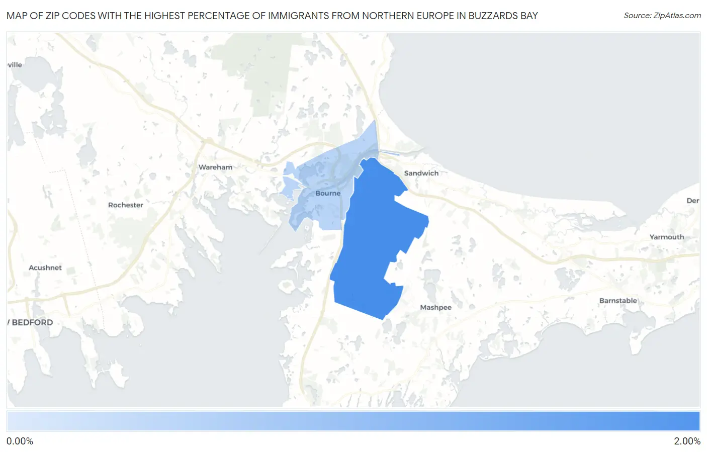 Zip Codes with the Highest Percentage of Immigrants from Northern Europe in Buzzards Bay Map
