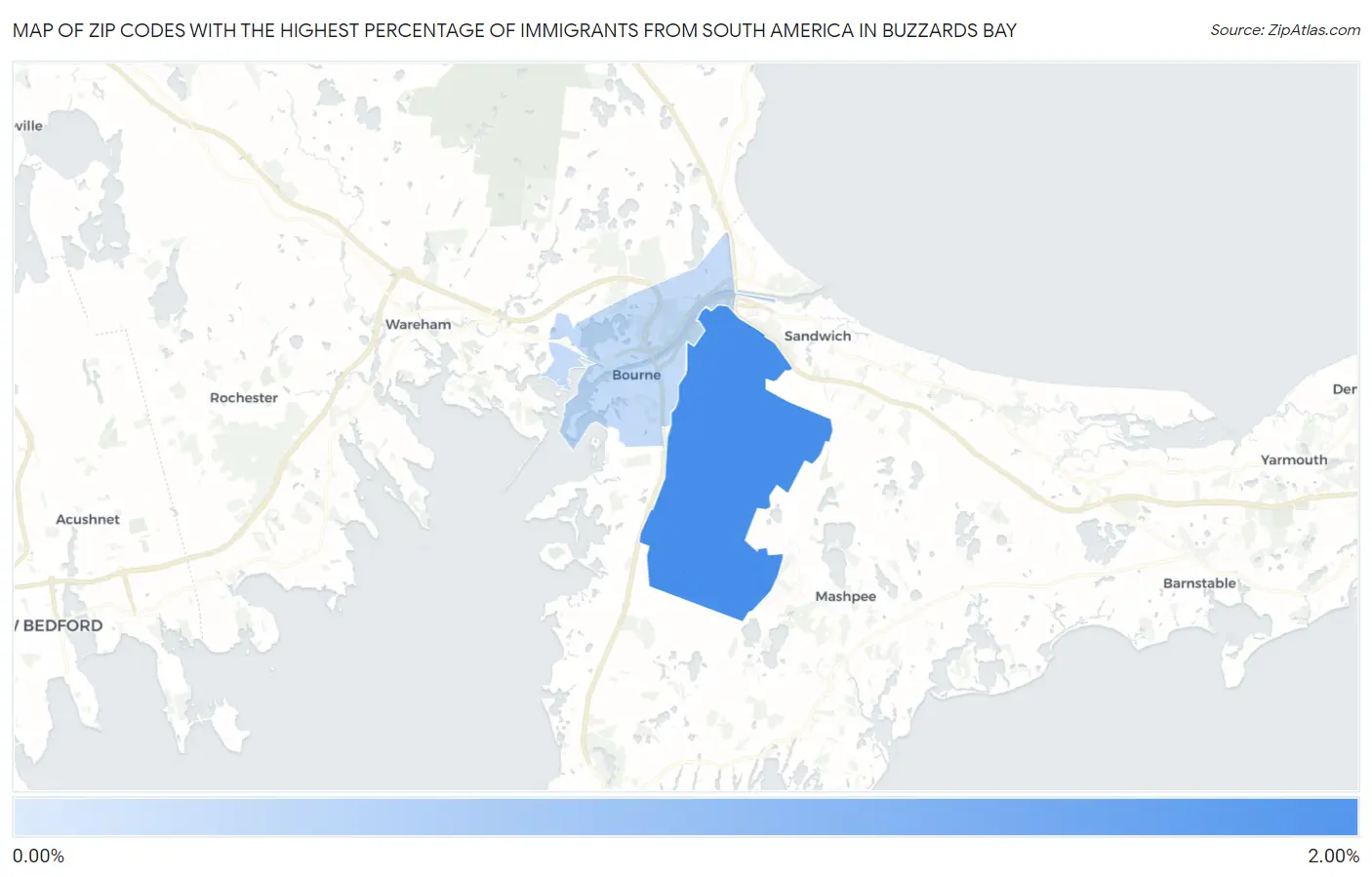 Zip Codes with the Highest Percentage of Immigrants from South America in Buzzards Bay Map