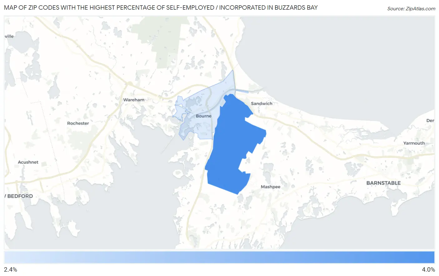 Zip Codes with the Highest Percentage of Self-Employed / Incorporated in Buzzards Bay Map