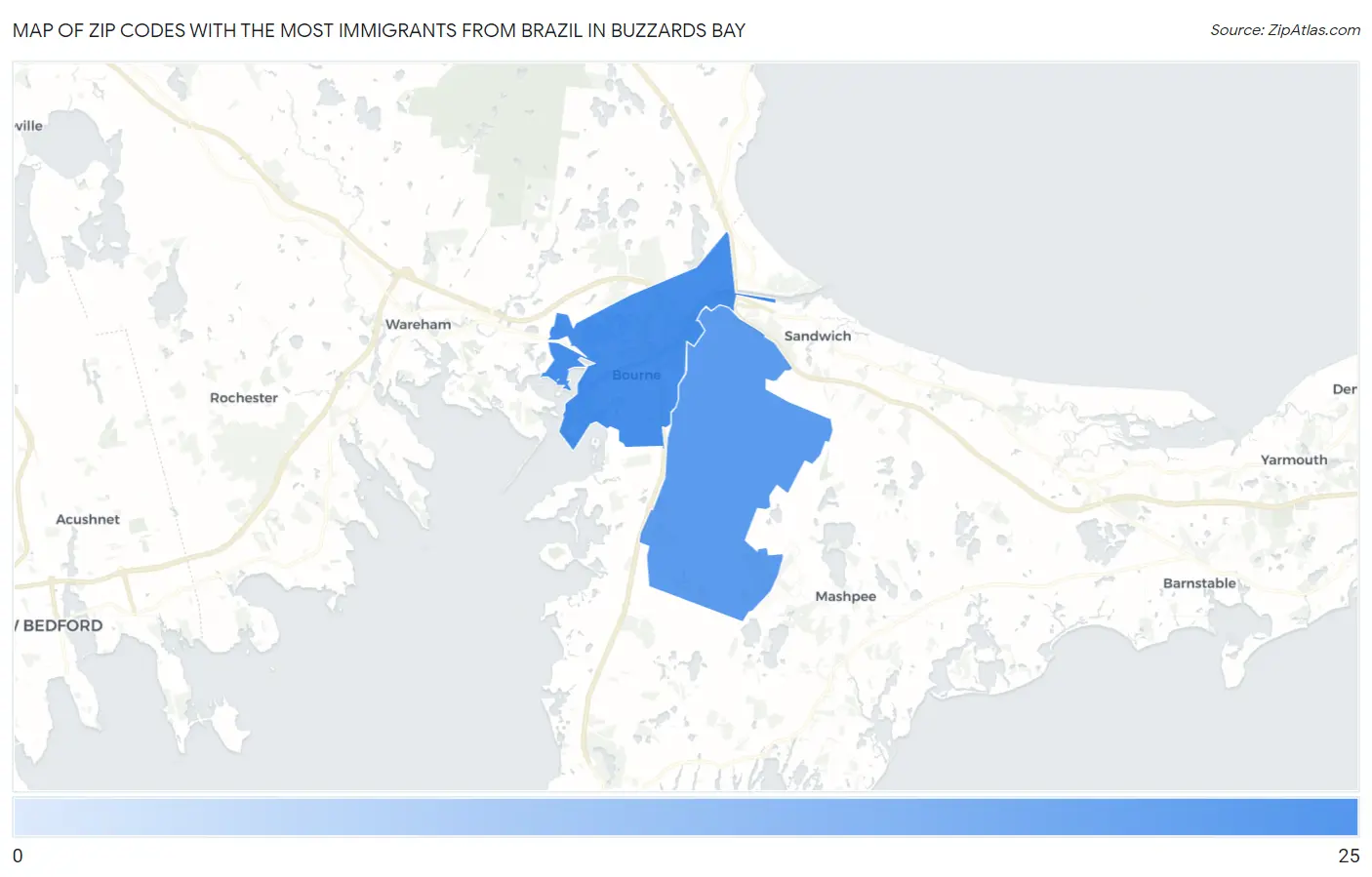 Zip Codes with the Most Immigrants from Brazil in Buzzards Bay Map