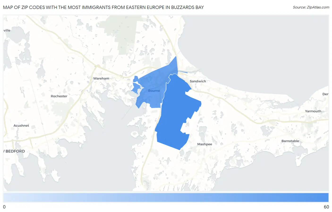 Zip Codes with the Most Immigrants from Eastern Europe in Buzzards Bay Map