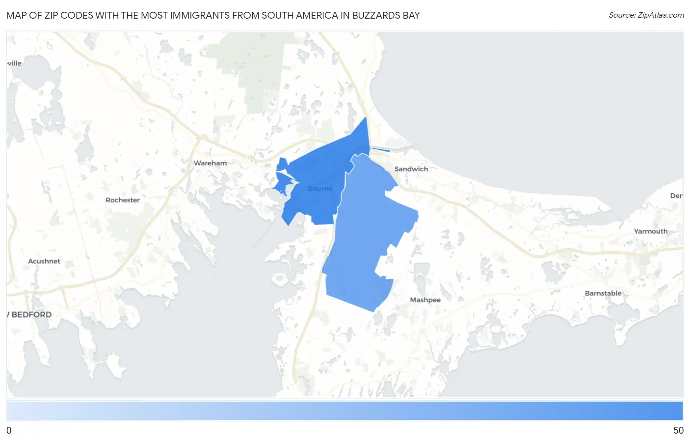 Zip Codes with the Most Immigrants from South America in Buzzards Bay Map