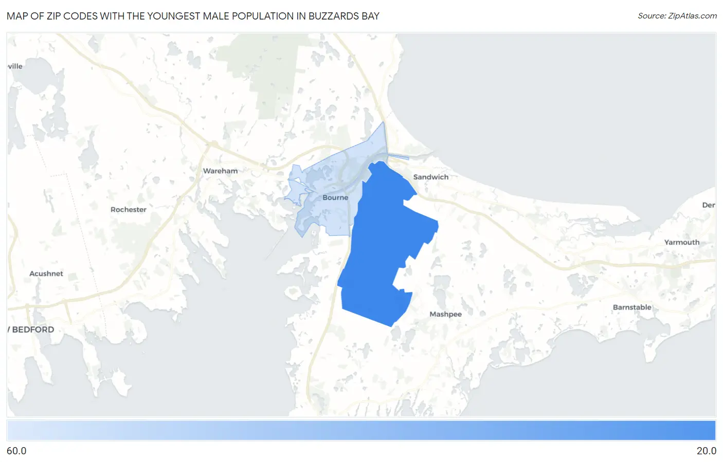 Zip Codes with the Youngest Male Population in Buzzards Bay Map