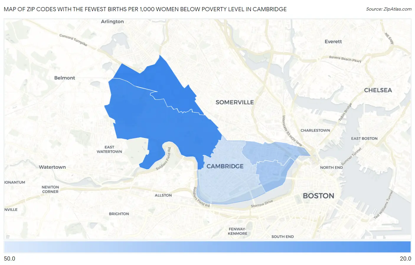 Zip Codes with the Fewest Births per 1,000 Women Below Poverty Level in Cambridge Map