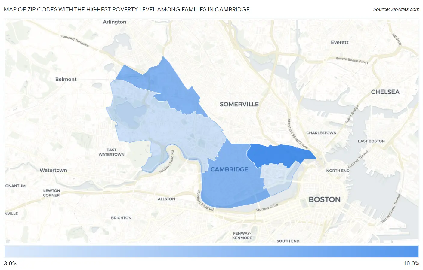 Zip Codes with the Highest Poverty Level Among Families in Cambridge Map