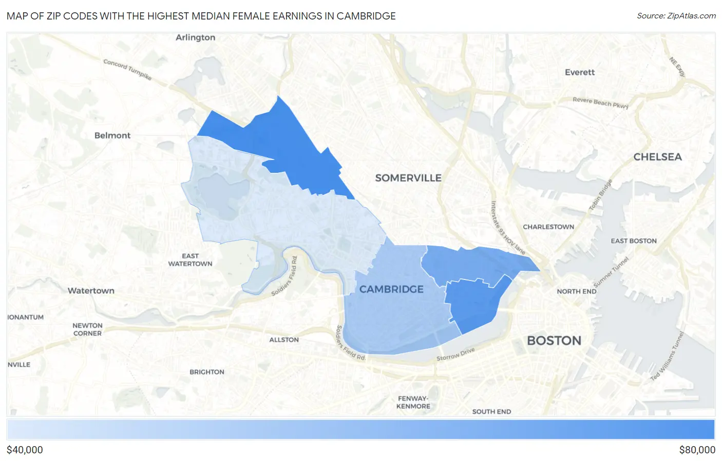 Zip Codes with the Highest Median Female Earnings in Cambridge Map