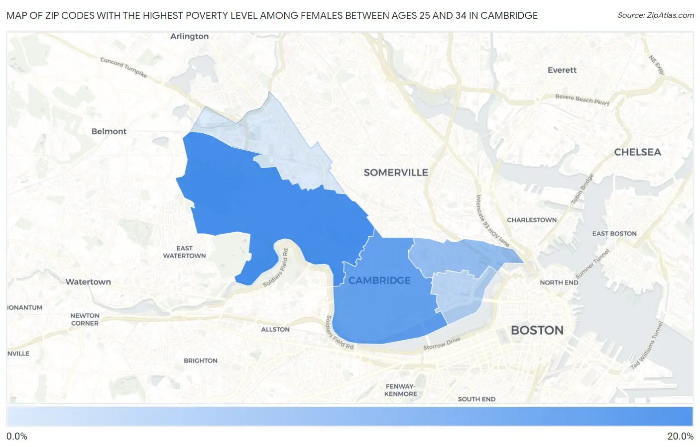 Zip Codes with the Highest Poverty Level Among Females Between Ages 25 and 34 in Cambridge Map