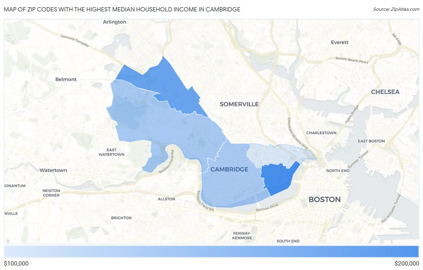 Zip Codes with the Highest Median Household Income in Cambridge Map