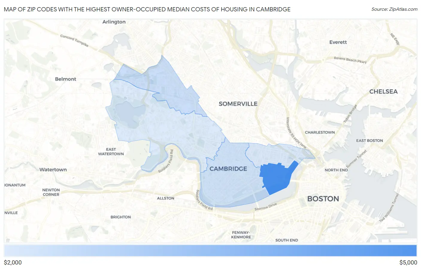 Zip Codes with the Highest Owner-Occupied Median Costs of Housing in Cambridge Map