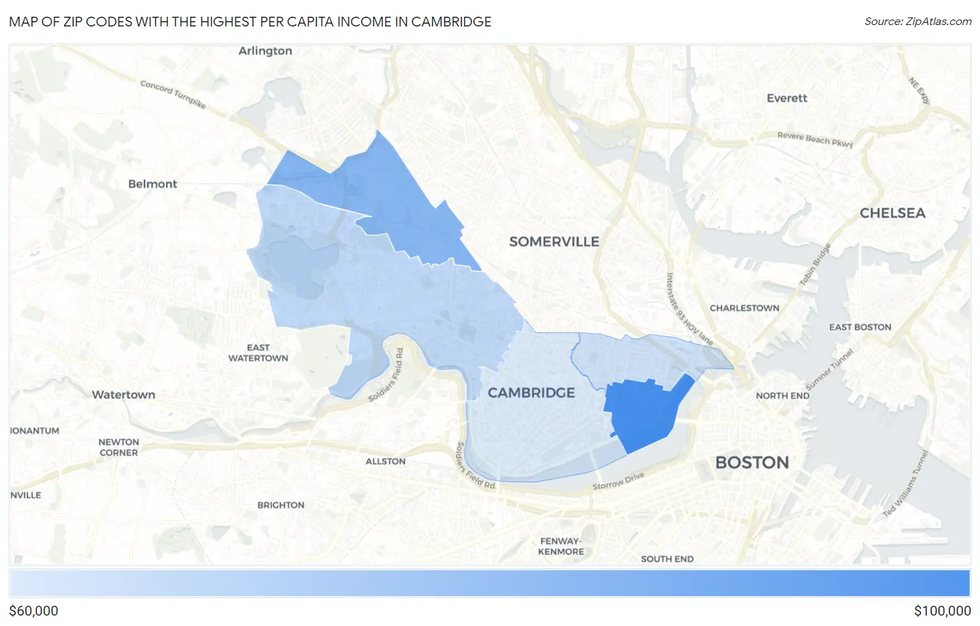 Zip Codes with the Highest Per Capita Income in Cambridge Map