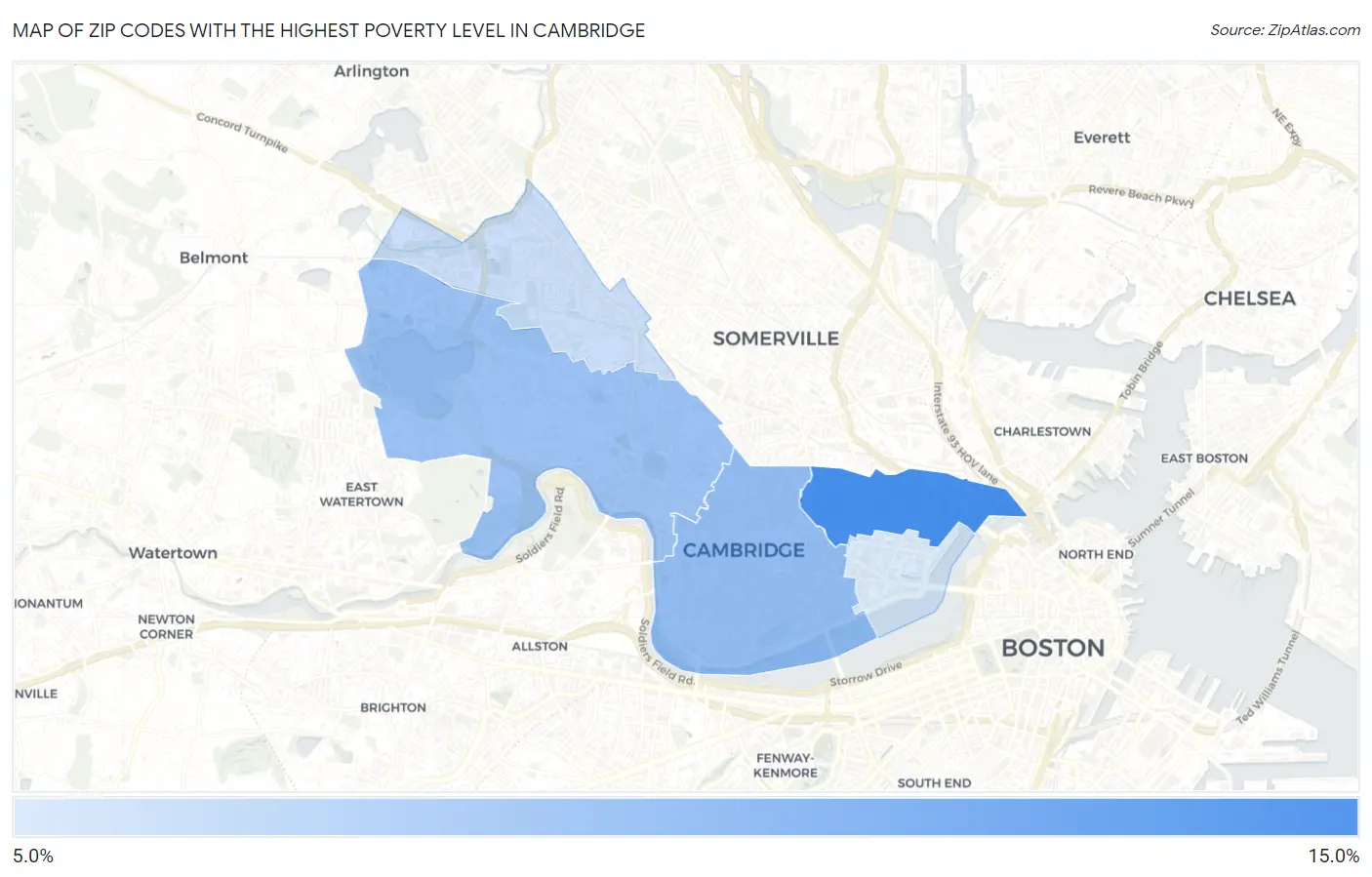 Zip Codes with the Highest Poverty Level in Cambridge Map