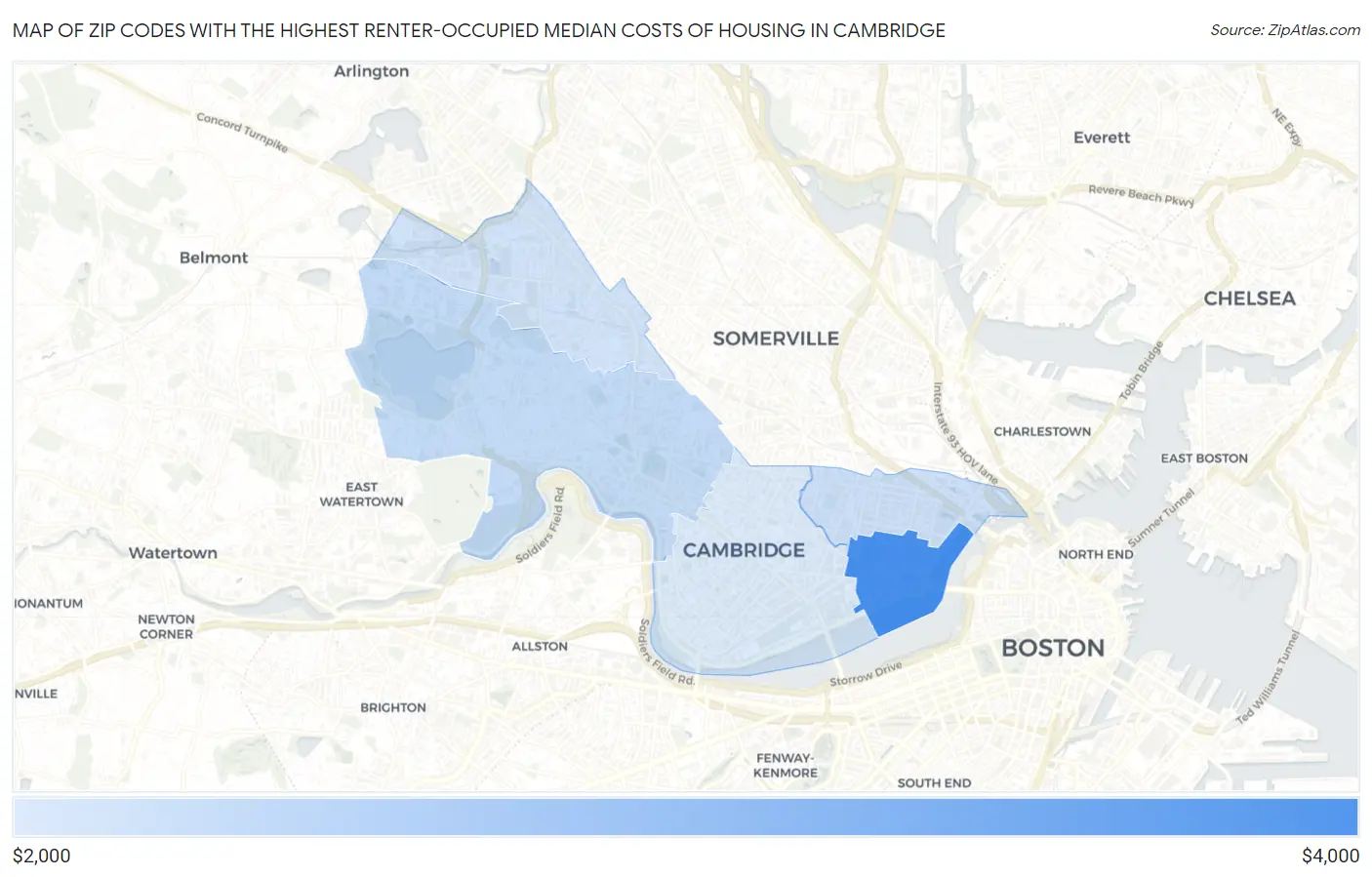 Zip Codes with the Highest Renter-Occupied Median Costs of Housing in Cambridge Map