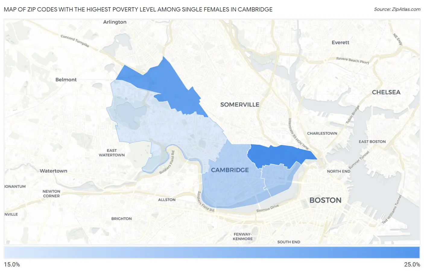 Zip Codes with the Highest Poverty Level Among Single Females in Cambridge Map