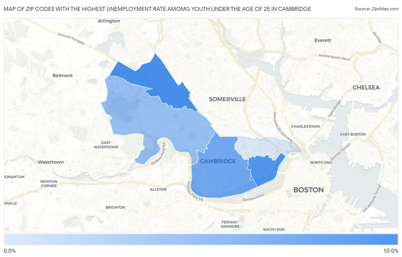 Zip Codes with the Highest Unemployment Rate Amomg Youth Under the Age of 25 in Cambridge Map