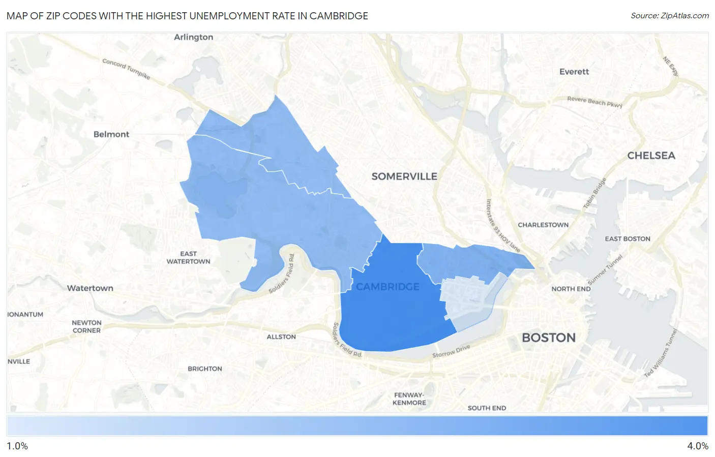 Zip Codes with the Highest Unemployment Rate in Cambridge Map