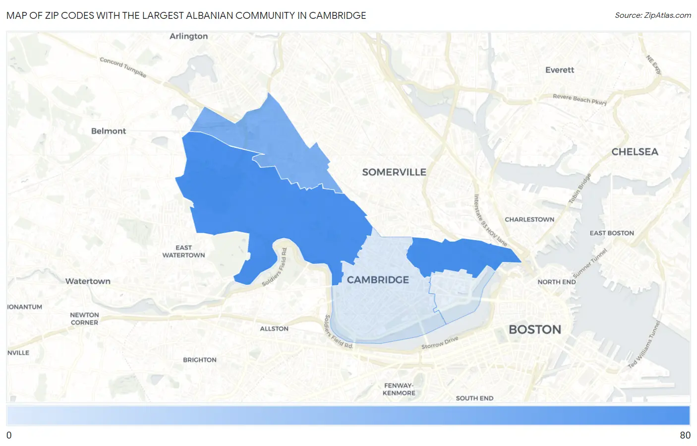 Zip Codes with the Largest Albanian Community in Cambridge Map