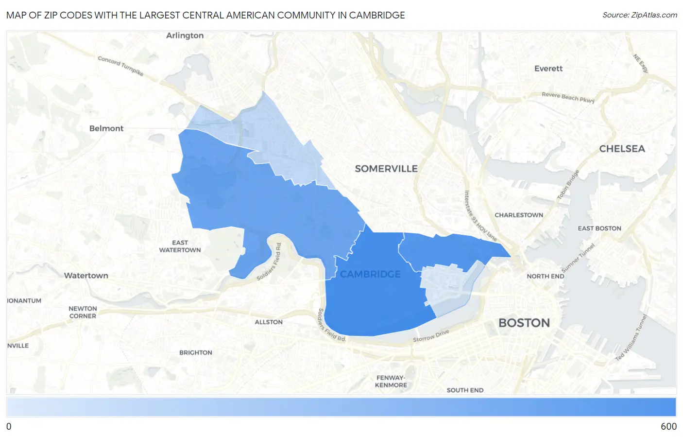 Zip Codes with the Largest Central American Community in Cambridge Map