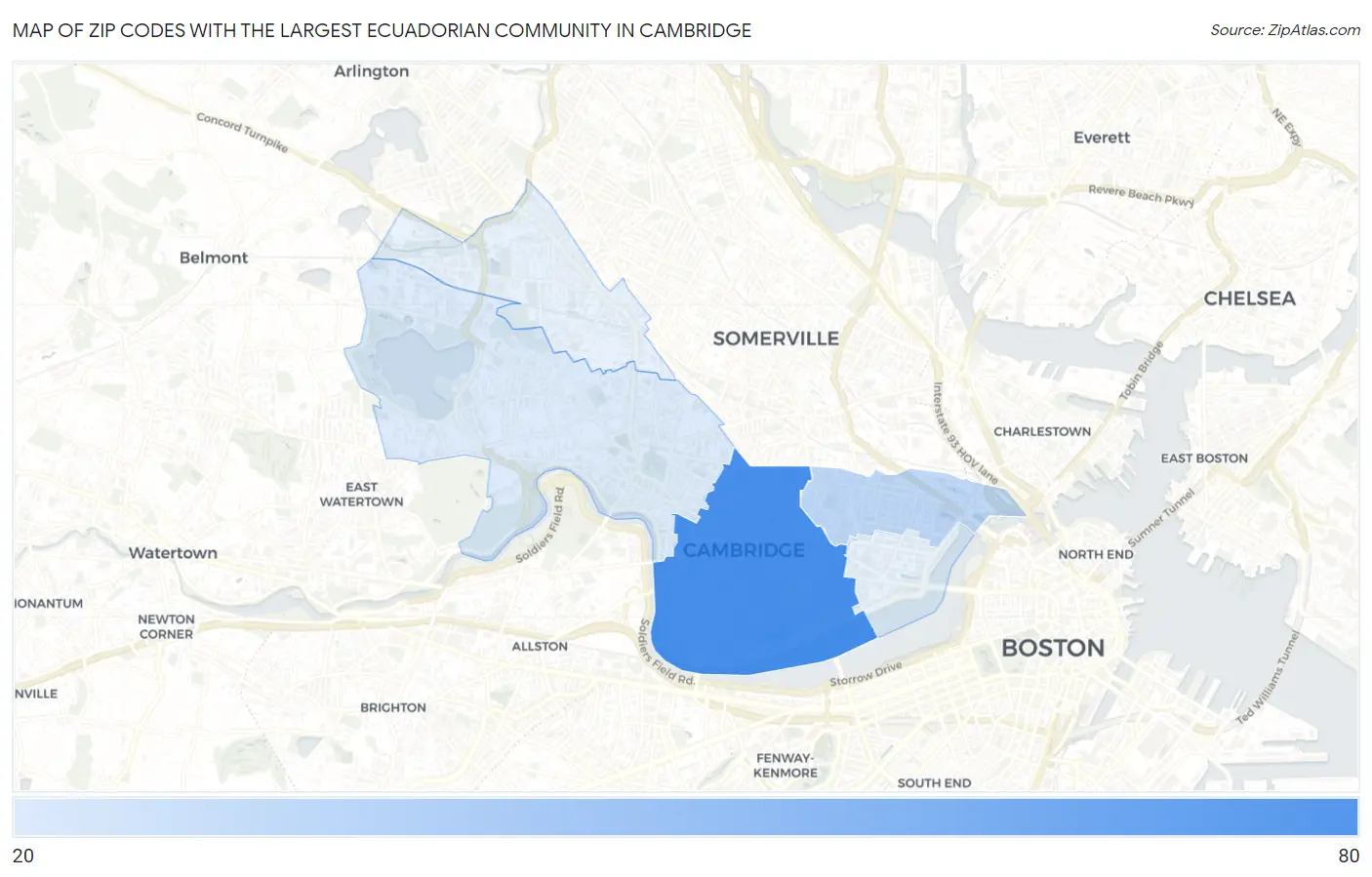 Zip Codes with the Largest Ecuadorian Community in Cambridge Map