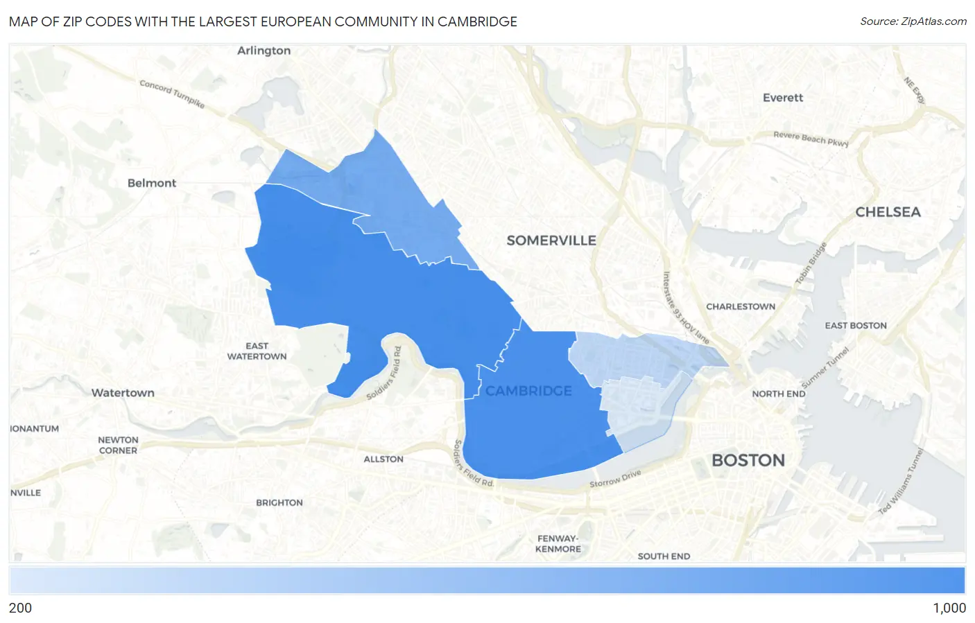 Zip Codes with the Largest European Community in Cambridge Map