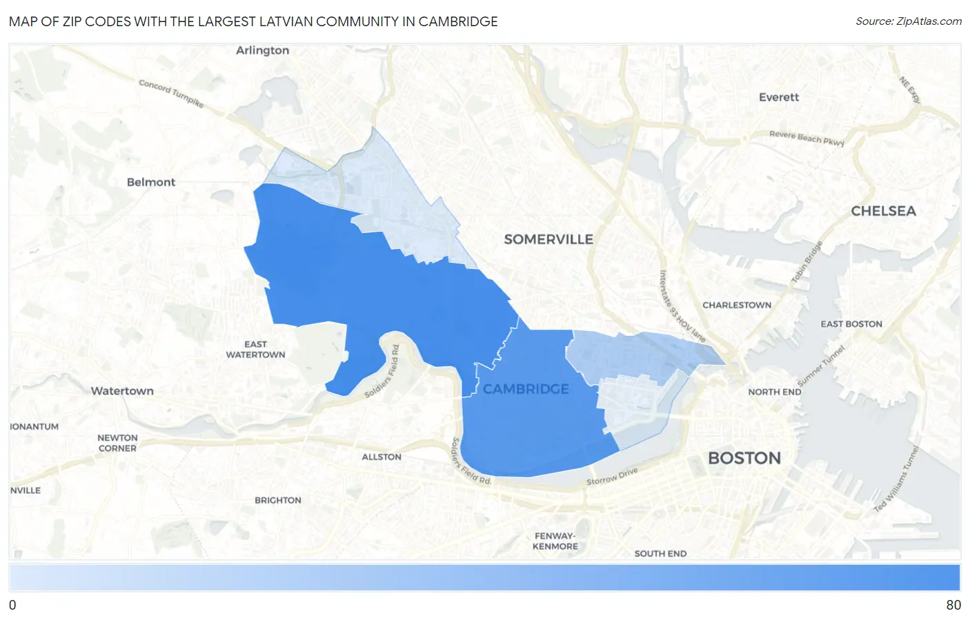 Zip Codes with the Largest Latvian Community in Cambridge Map