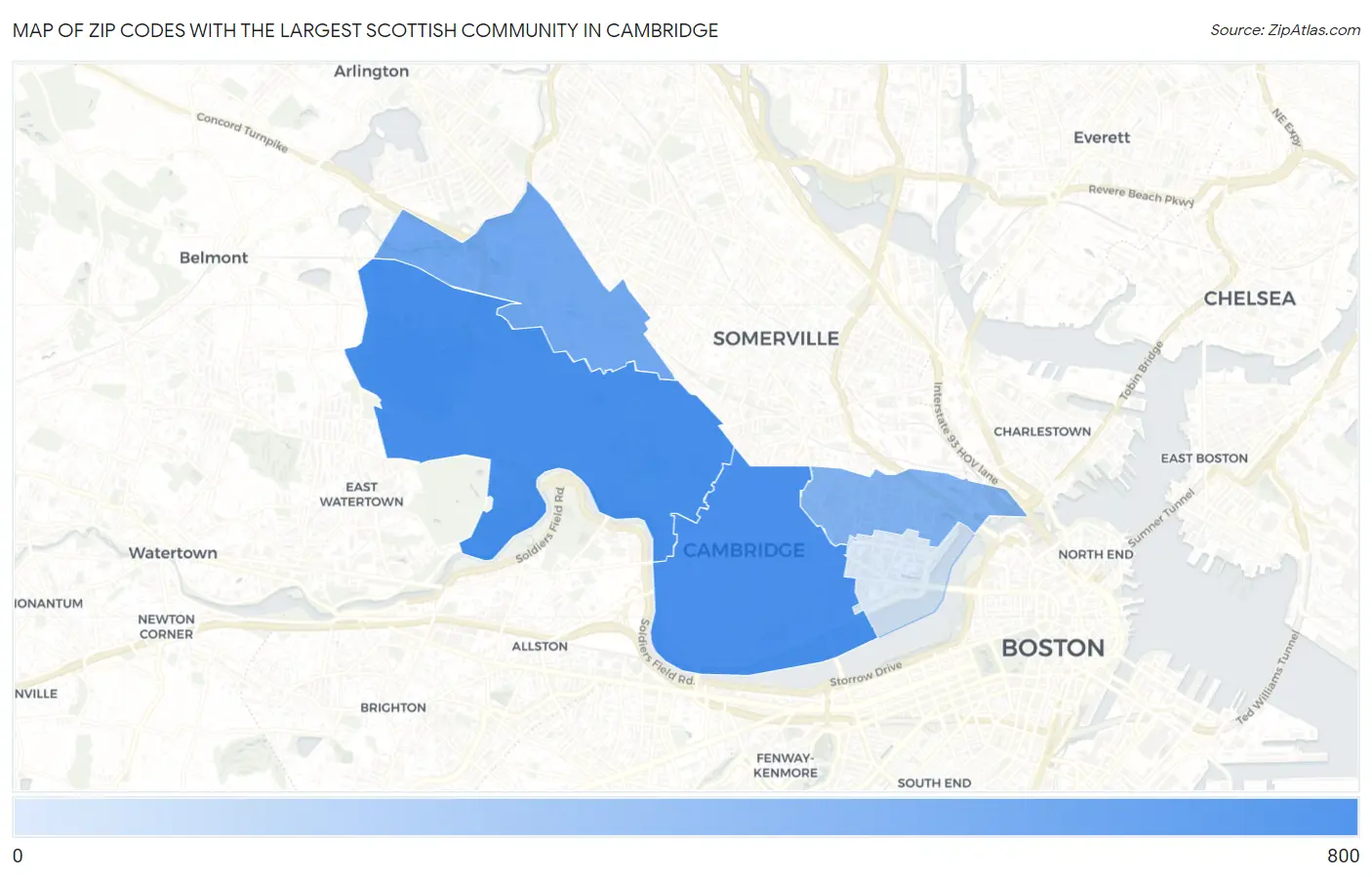 Zip Codes with the Largest Scottish Community in Cambridge Map