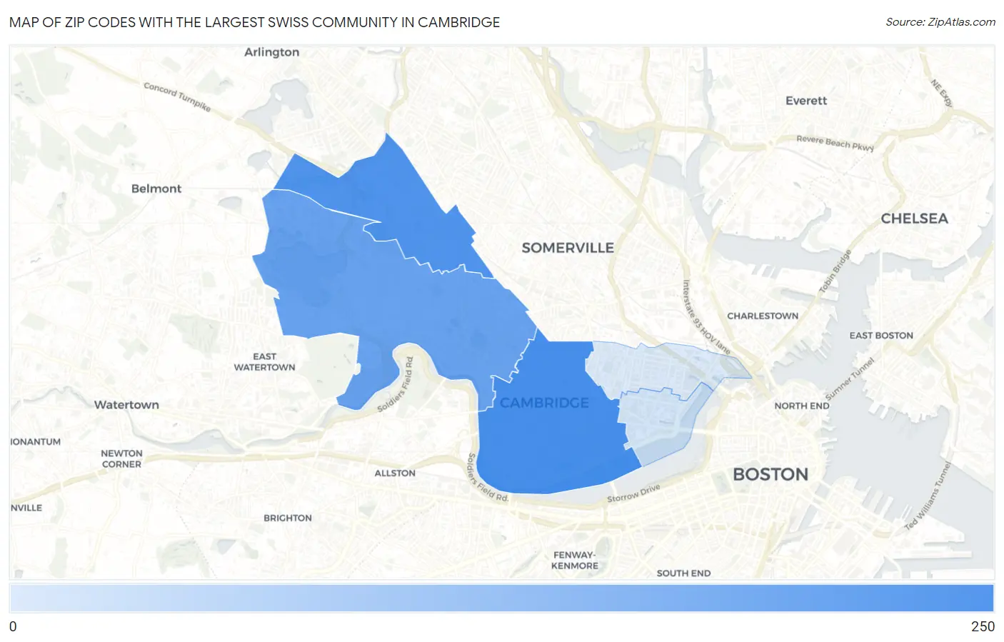 Zip Codes with the Largest Swiss Community in Cambridge Map