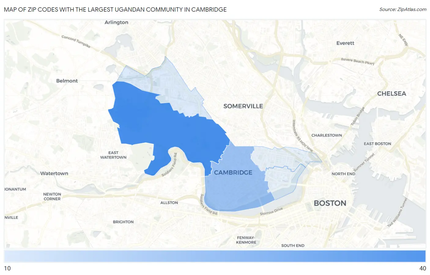 Zip Codes with the Largest Ugandan Community in Cambridge Map