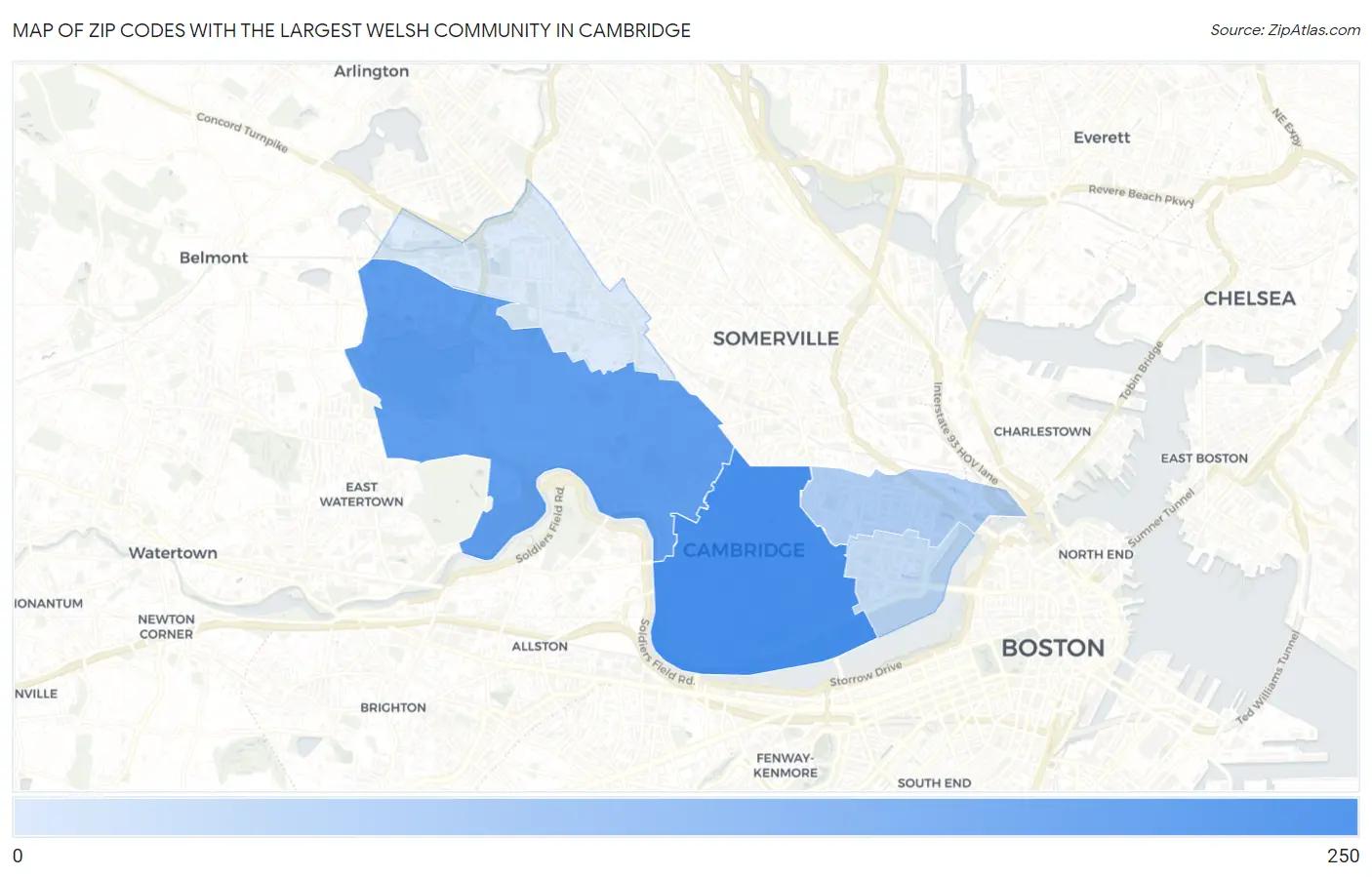 Zip Codes with the Largest Welsh Community in Cambridge Map