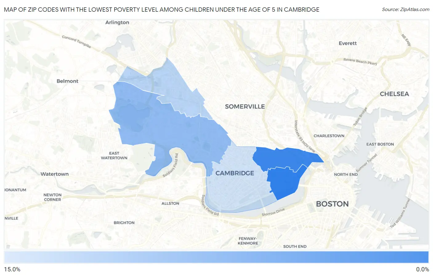 Zip Codes with the Lowest Poverty Level Among Children Under the Age of 5 in Cambridge Map