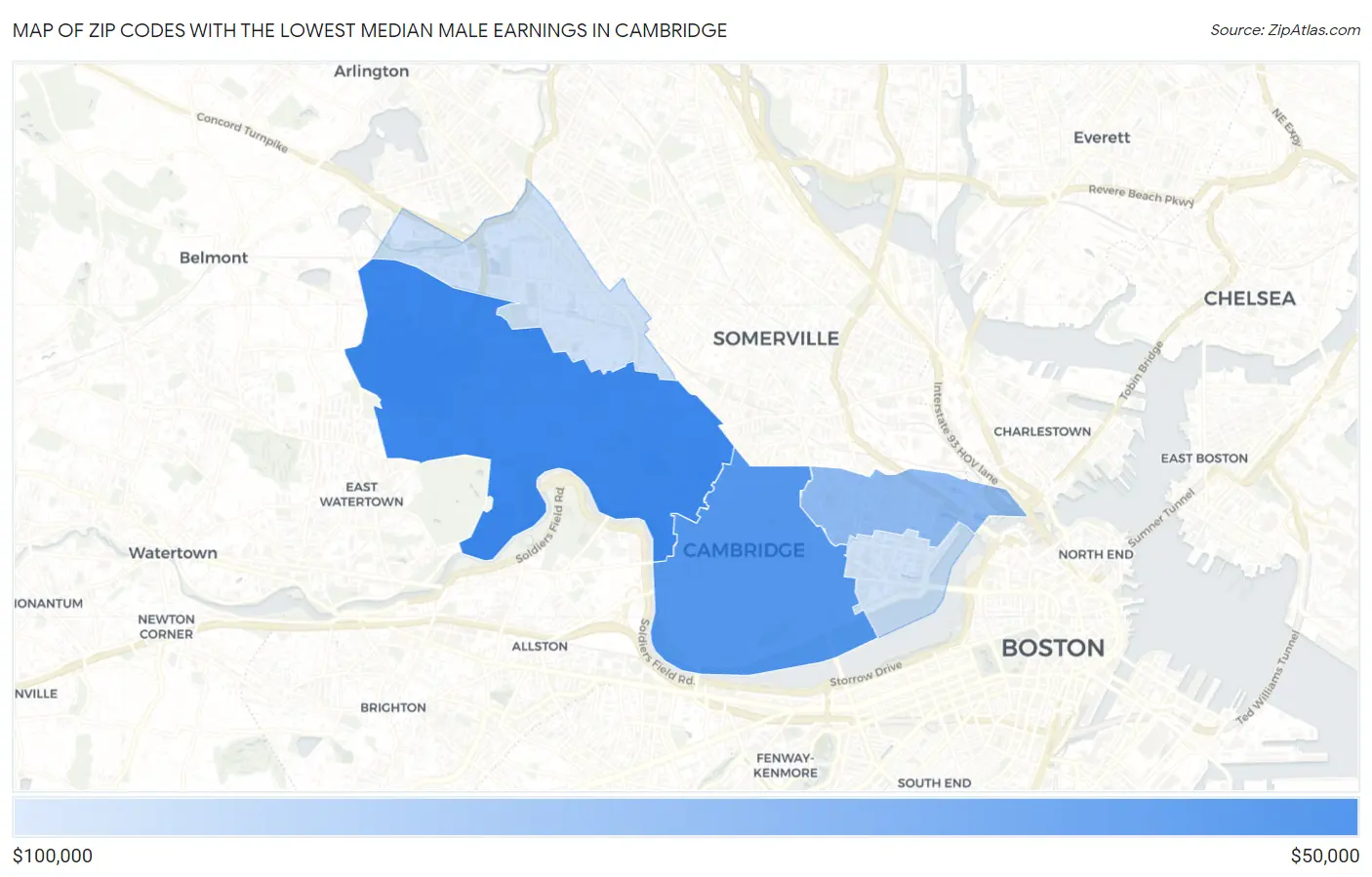 Zip Codes with the Lowest Median Male Earnings in Cambridge Map