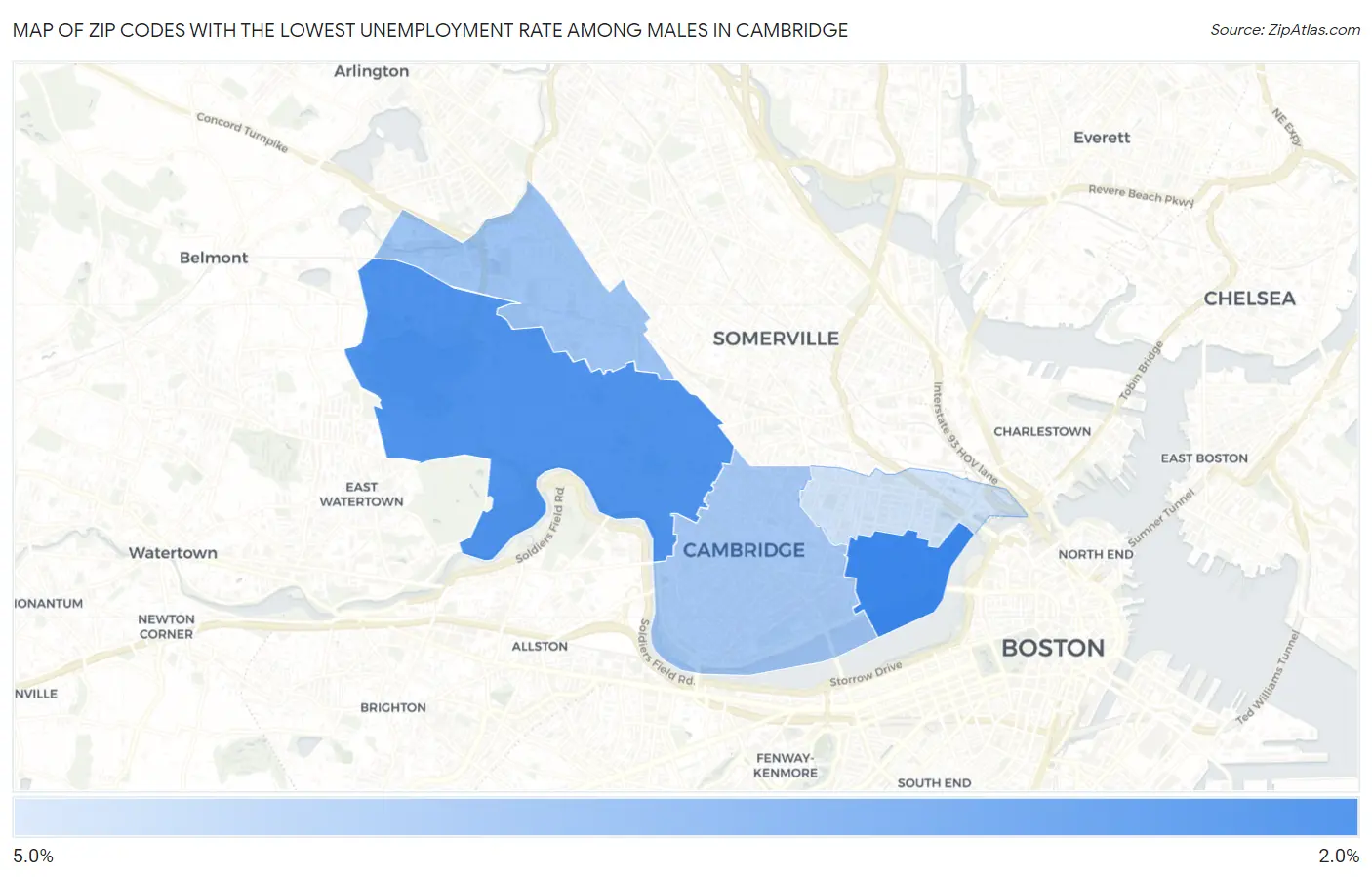 Zip Codes with the Lowest Unemployment Rate Among Males in Cambridge Map