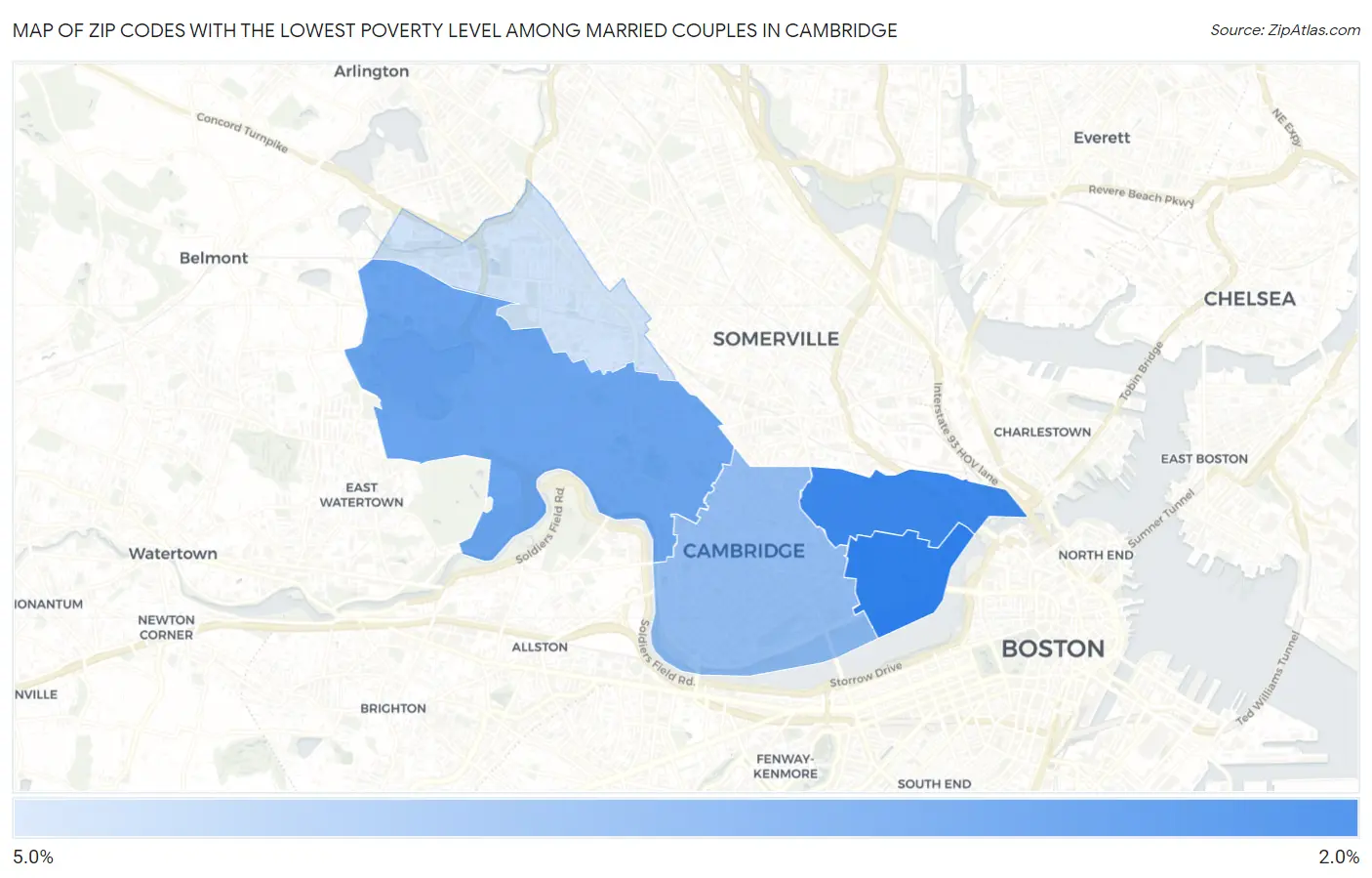 Zip Codes with the Lowest Poverty Level Among Married Couples in Cambridge Map