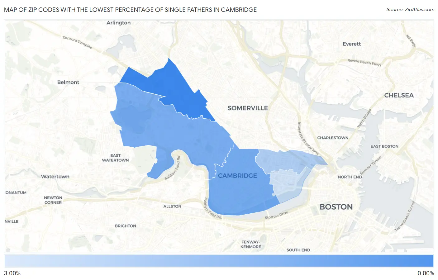 Zip Codes with the Lowest Percentage of Single Fathers in Cambridge Map