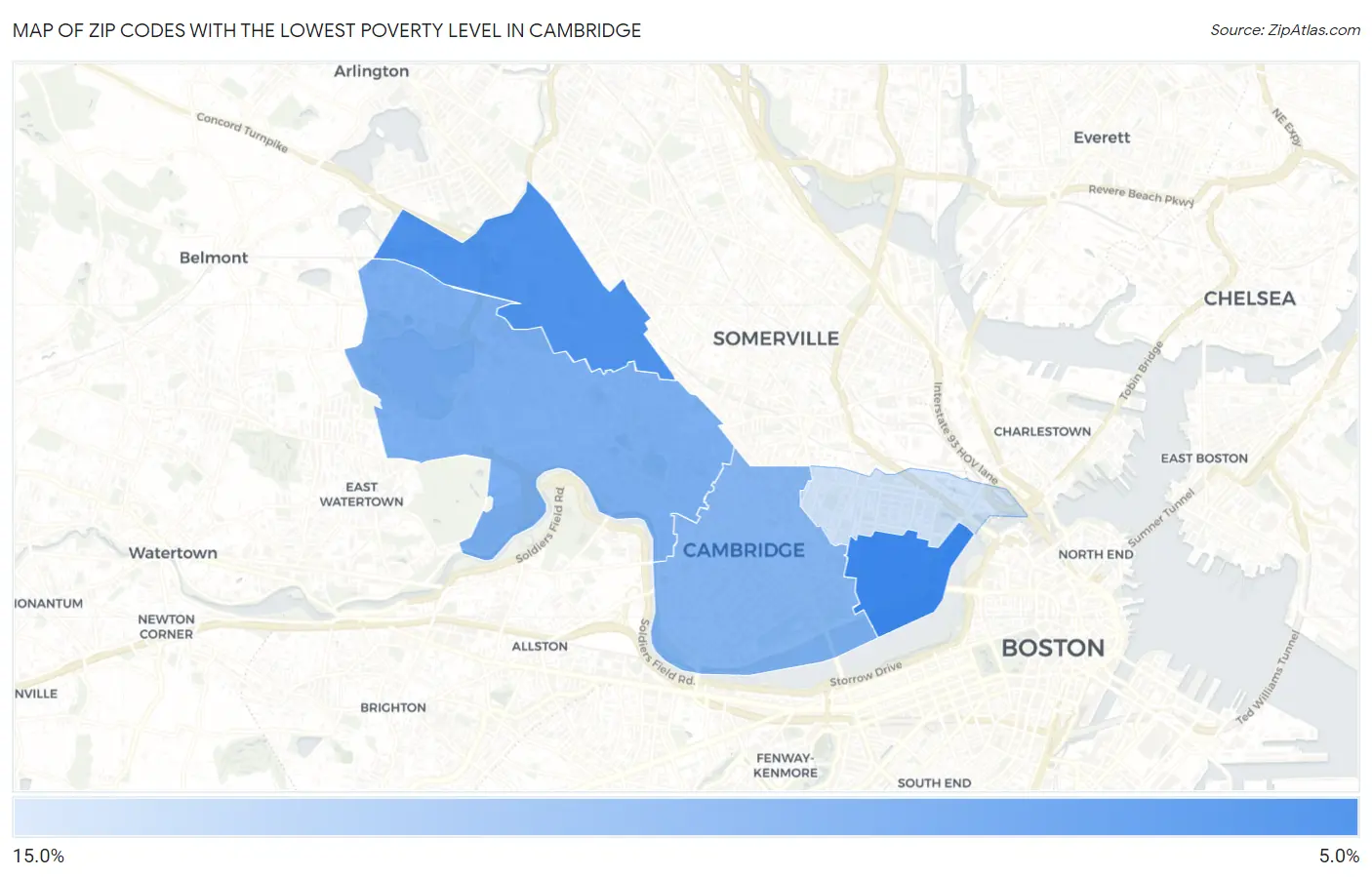 Zip Codes with the Lowest Poverty Level in Cambridge Map