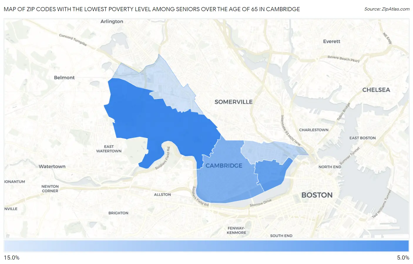 Zip Codes with the Lowest Poverty Level Among Seniors Over the Age of 65 in Cambridge Map
