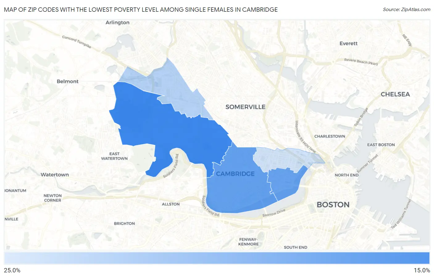 Zip Codes with the Lowest Poverty Level Among Single Females in Cambridge Map