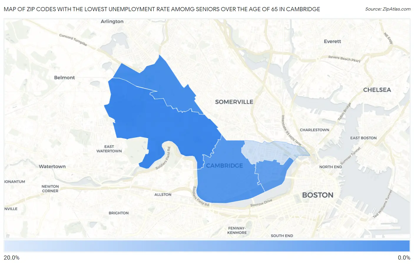 Zip Codes with the Lowest Unemployment Rate Amomg Seniors Over the Age of 65 in Cambridge Map