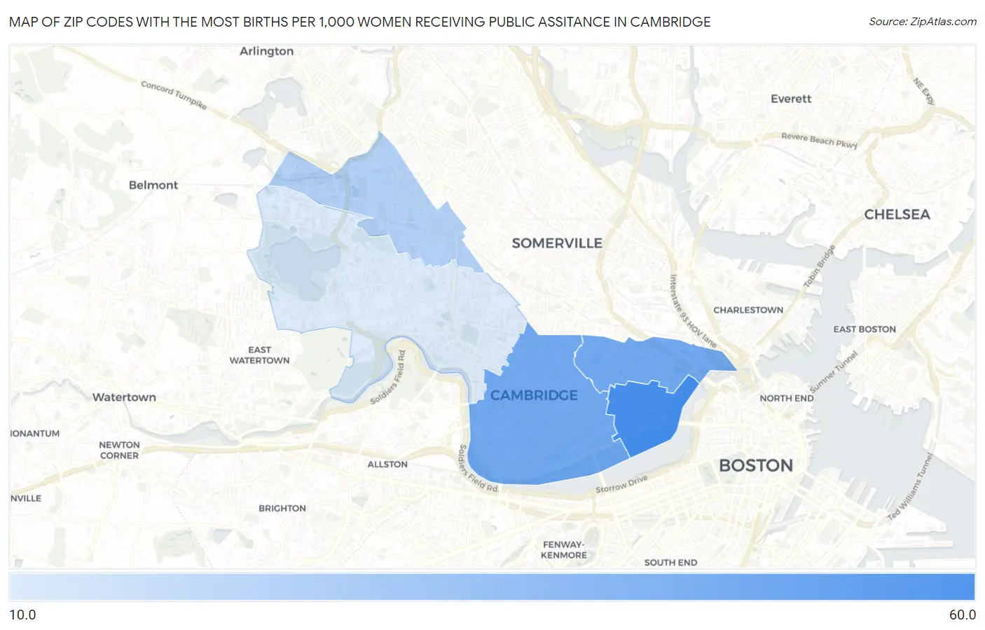 Zip Codes with the Most Births per 1,000 Women Receiving Public Assitance in Cambridge Map