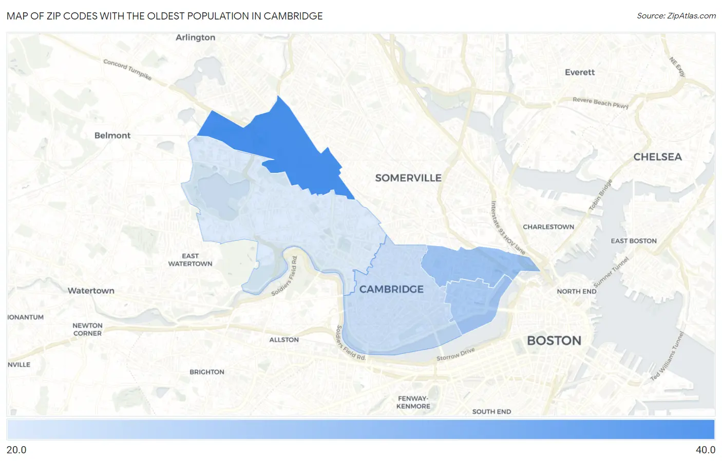 Zip Codes with the Oldest Population in Cambridge Map